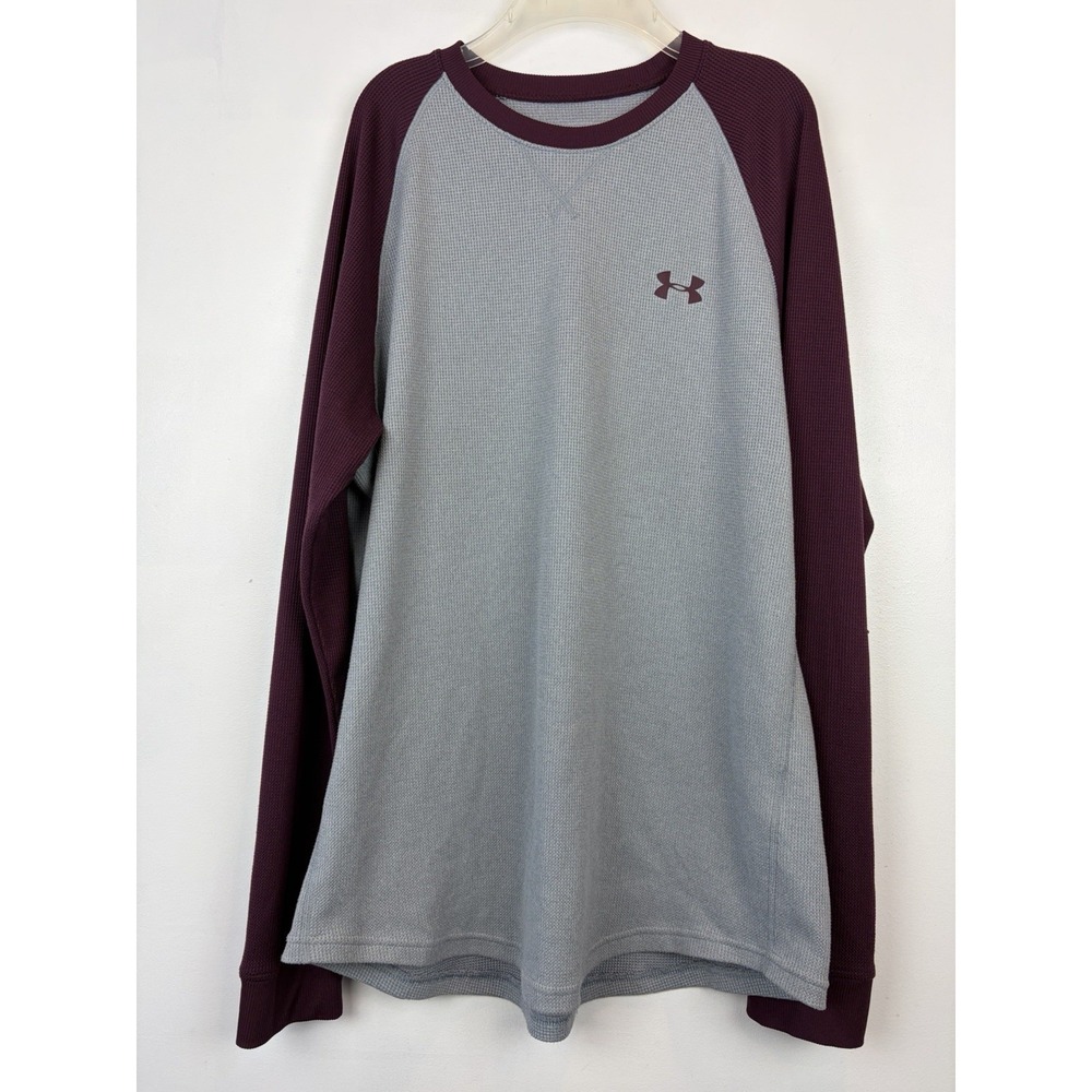 Under Armour Shirt Men Large Thermal Waffle Knit Crew Loose Gray Burgundy
